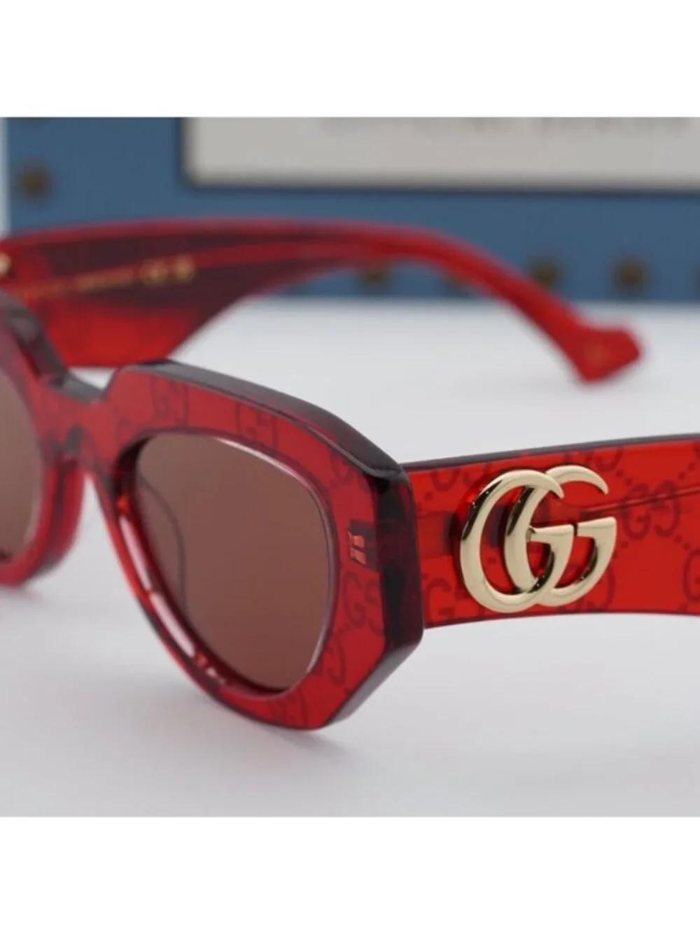 Gucci GG1421S 006 Geometric Sunglasses - Transparent Red with GG Pattern/Brown